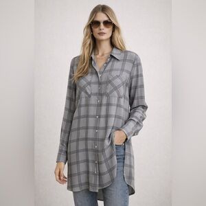 Eileen Fisher Plaid Printed Silk Georgette Crepe Shirt Grey Size Medium Tunic